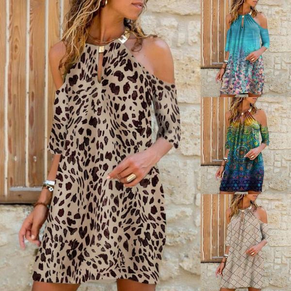 

women's swimwear 2021 fashion summer beach holiday dresses boho casual metal hanging neck printed strapless dress plus size, White;black