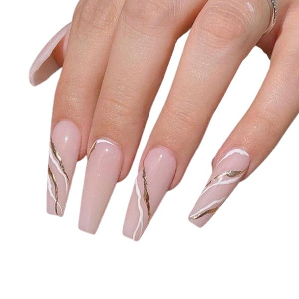 

false nails 24pcs white golden line fake glue type removable long paragraph fashion artificial manicure fully covered nail decoration, Red;gold