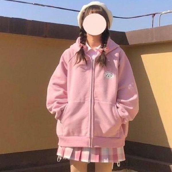 

women's hoodies & sweatshirts qweek kawaii zip up women long sleeve sweatshirt ladies funny embroidery cute autumn 2021 fashion soft g, Black
