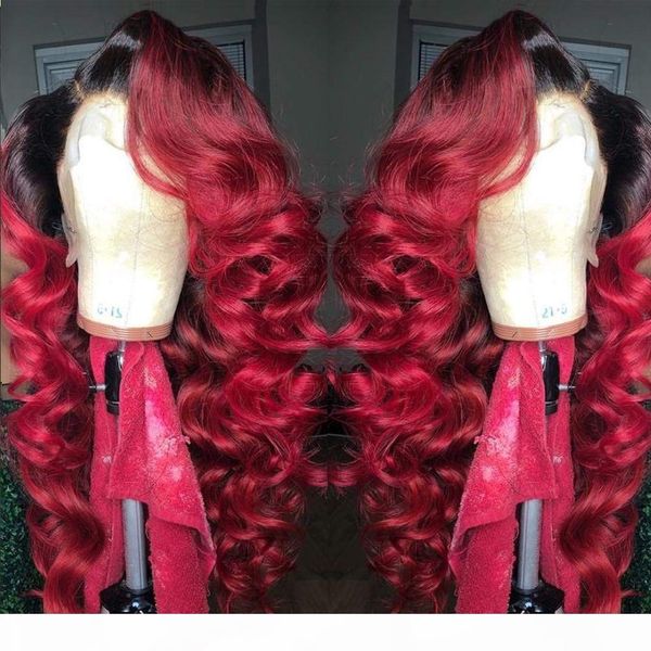 

ombre burgundy red loose wave synthetic lace front wigs heat resistant hair 360 lace frontal wigs with baby hair, Black