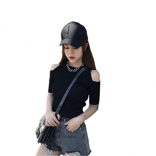 

2021 new spring autumn fashion o neck half sleeve knitted casual hollow out solid color basic sweaters woman emw5, White;black