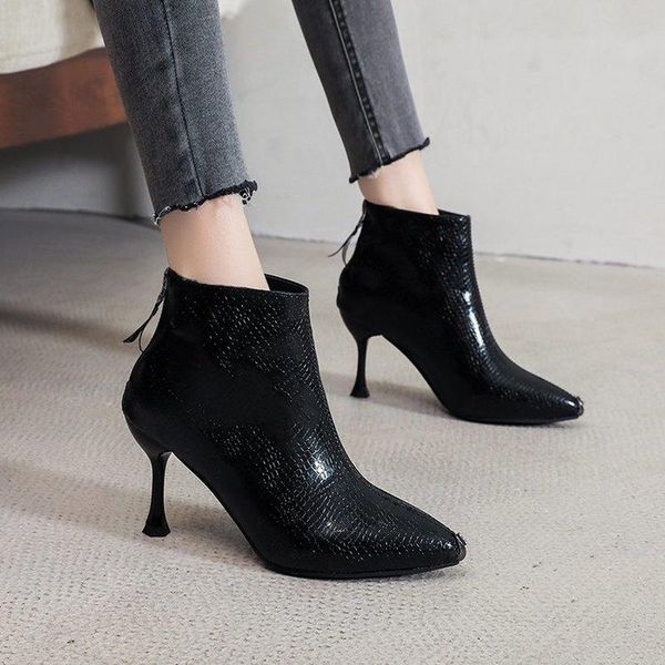 

boots 2021 resfimix female fashion pointed toe beige side zip comfort stiletto heel women classic black pu leather