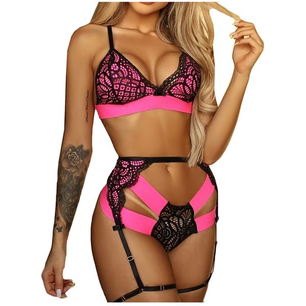

3Pieces/Lot 3PC Sexy Women Lace Patchwork Temptation Bandage Wireless Bra Sexy Lingerie Breathable Garter Thong Set Underwear, Black