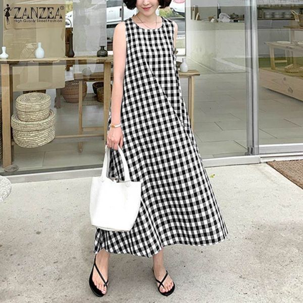 

casual dresses dresses elegant check maxi dress women's summer sundress tank vestidos female sleeveless robe femme plus siz b28r, Black;gray