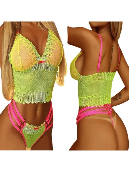 

bras sets hirigin women erotic lingerie color block v neck sling and bandage thong bottom 2 pieces babydoll costume, Red;black