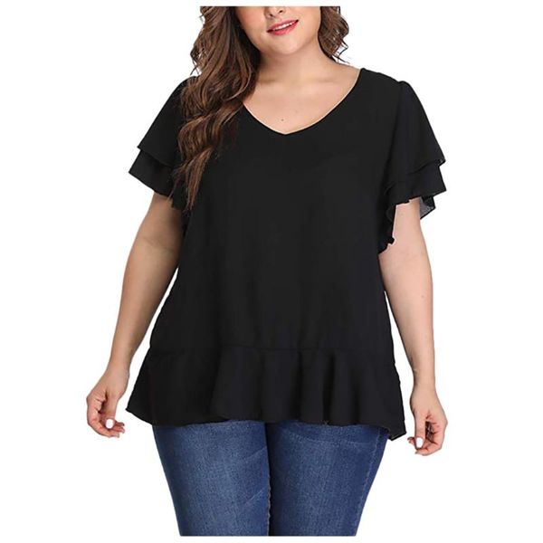 

women's t-shirt miarhb plus size solid t shirts short sleeve chiffon v neck 2021 summer shirt ruffle koszulki damskie, White