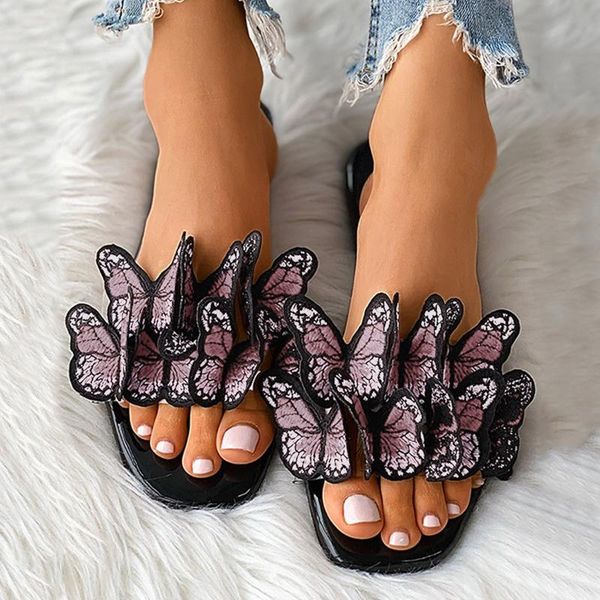 

fashion summer new style butterfly print slipper outdoor large size slippers women flat leisure beach slippers vacation sandals, Black