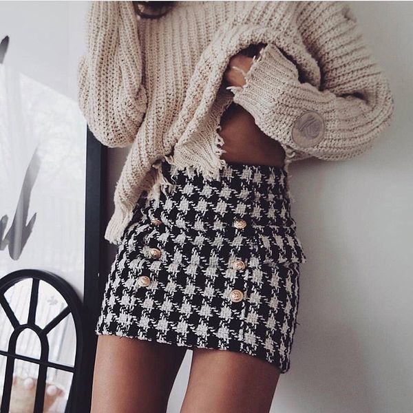 

high street new fashion 2021 runway designer skirt women's lion buttons double breasted tweed wool houndstooth mini skirt 210303, Black
