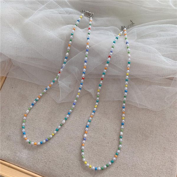 

chokers korean fashion small fresh hit color beaded necklace for women hyuna style summer pearl clavicle chain jewelry wholesale, Golden;silver