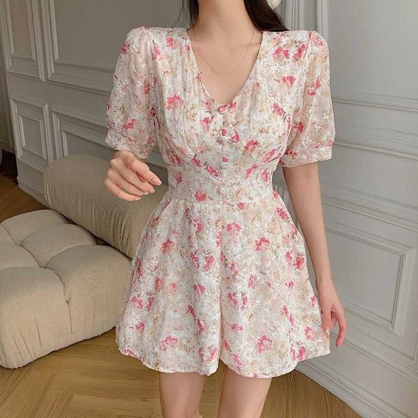 

elegant flower print slim jumpsuit women high waist wide leg bodysuit v-neck short sleeve playsuit summer 210526, Black;white