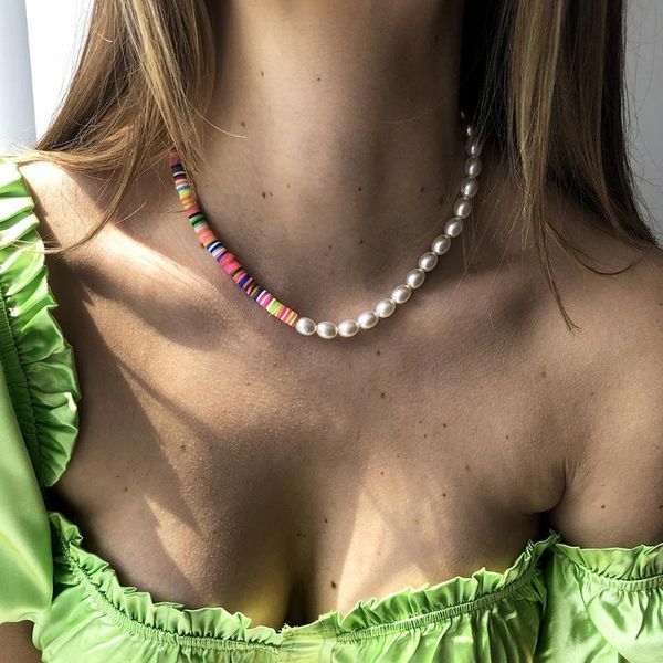 

chains ins bohemian ethnic retro asymmmetrical imitation pearl colorful clavicle chain necklace for women girls handmade jewelry, Silver