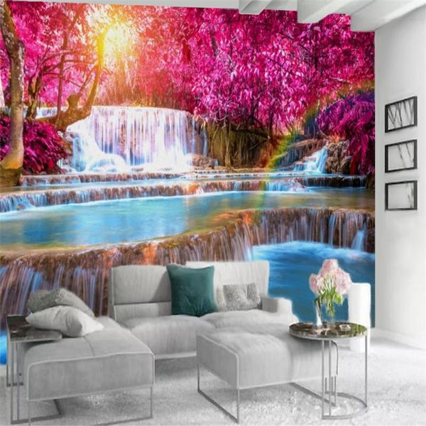 

wallpapers romantic landscape 3d wallcovering fantasy red forest waterfall scenery home decor living room bedroom painting mural