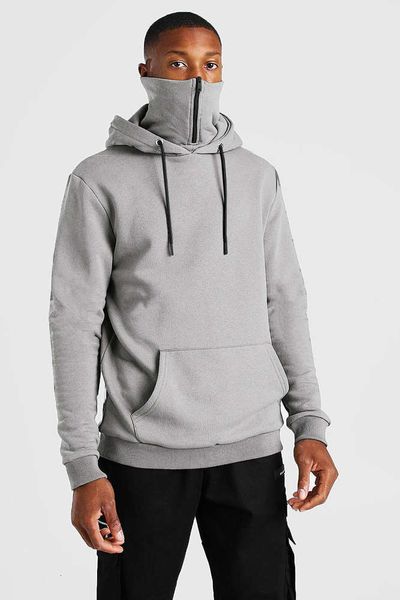

2021 winter style zipper solid color sweater plush hooded jacket men's, Black