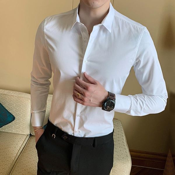 

lux angner fashion mens long sleeve dress shirts male solid slim fit casual business shirts men brand social dress shirt s-8xl, White;black