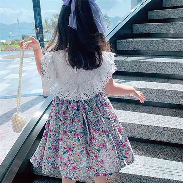 

summer girls dress sweet big lace collar flower puff sleeves back strap baby kids clothes children's clothing 210625, Red;yellow