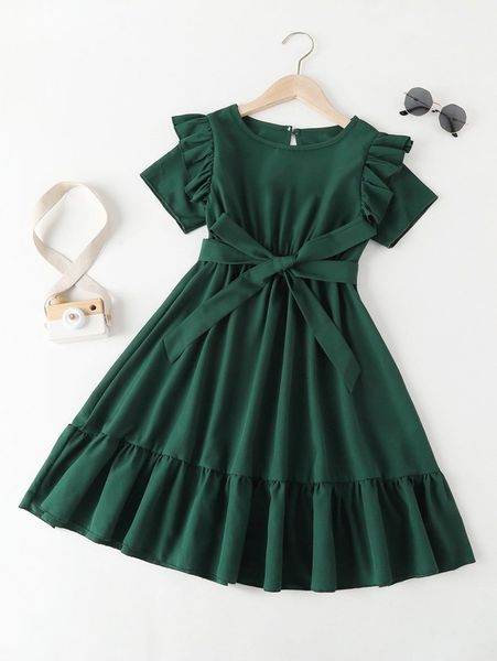 

girls ruffle trim keyhole back belted dress she, Red;yellow