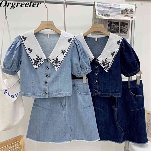 

summer thin denim suit female retro embroidery lapel stitching puff sleeve short shirt and high waist a-line skirts 2pcs 210602, White