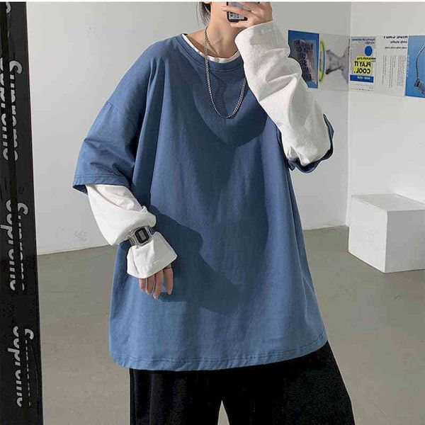 

fake two-piece female tshirt t upper garments loose fine spring fall korean style shirt long sleeves male students 3r9c, White