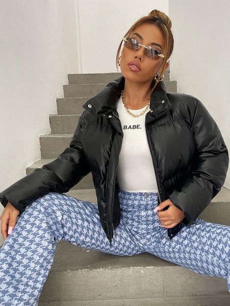 

solid zip up pu leather puffer coat 905f#, Black