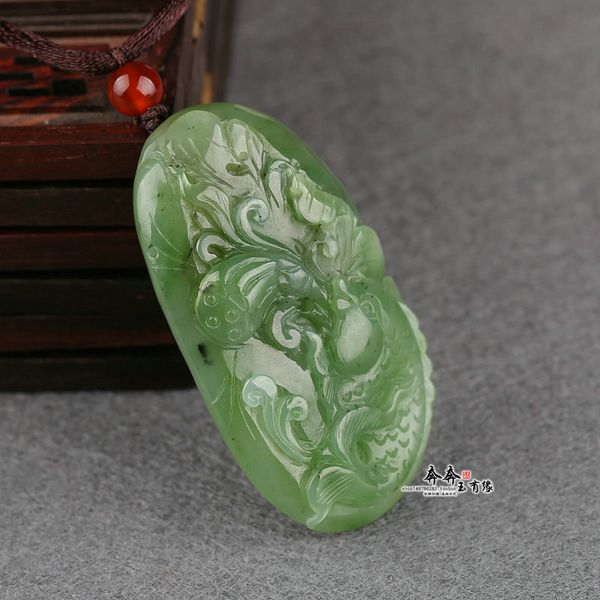 

natural green jade pendant handcarved jadeite jade fish lotus men women penants necklaces jade jewelry necklace, Red;blue