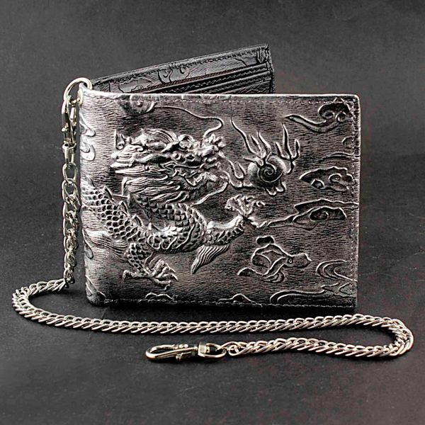 

leather wallet mens vintage silver grey card holder purse with chain, Red;black