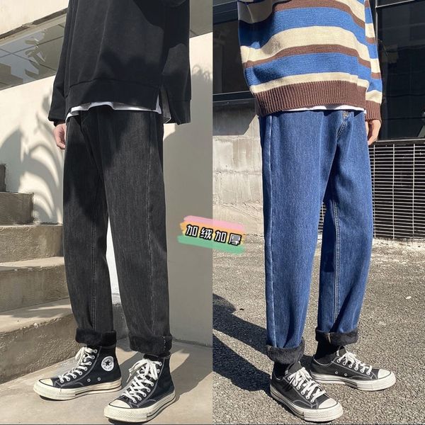 

2021 winter plus veet warmth fashion retro casual jeans men streetwear wild hip-hop straight denim pants mens -2xl 65kk, Blue