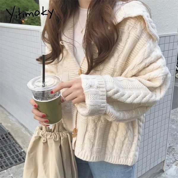 Yitimoky Frauen Strickjacke Rippen Pullover Sailor Kragen Vintage Gestrickte Top Herbst Winter Kleidung Casual Koreanische Outwears 211011