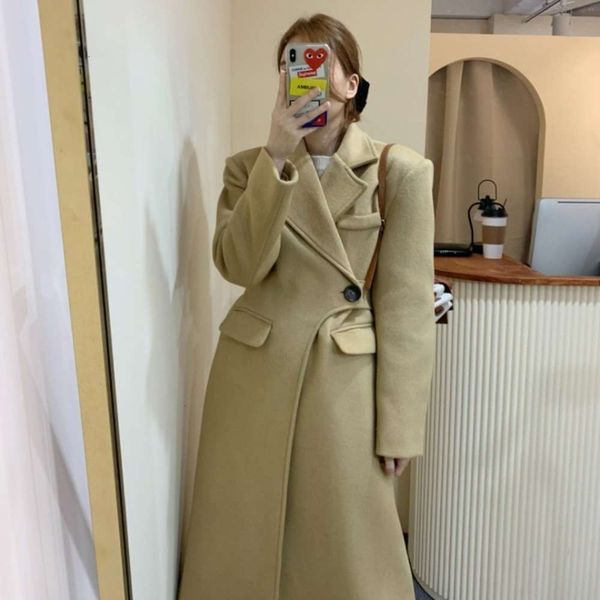 

2021korean chic winter elegant suit collar irregular one button waist over knee long woolen women's coat, Black