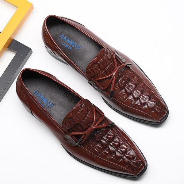

dress shoes mens genuine leather alligator pattern business oxford loafer string decoration slip on wedding for men f69, Black