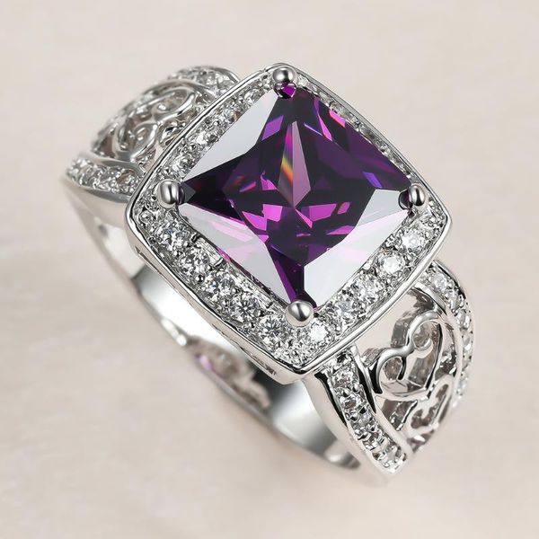 

wedding rings vintage female purple crystal stone ring charm square zircon hollow for women dainty silver color engagement, Slivery;golden