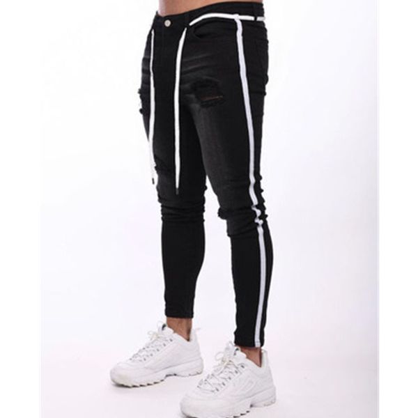 

mens ripped jeans fashion trend high street striped demin pencil pants spring autumn new male drawstring casual jeans, Blue