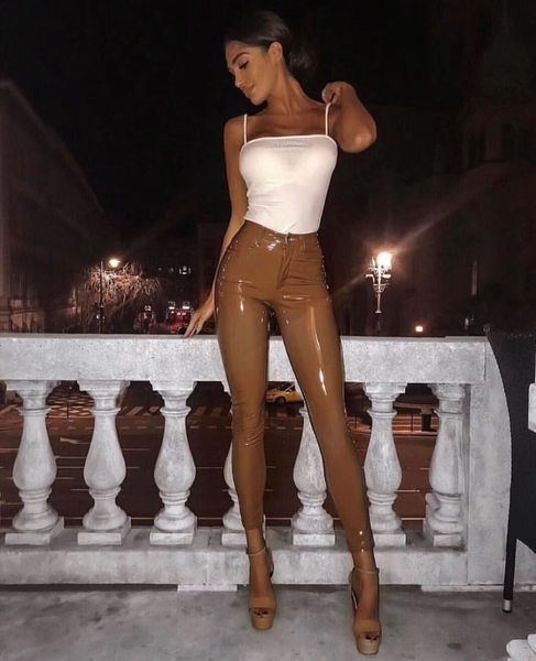 

high-quality celebrity red-brown stretch leather pants 84un, Black;white