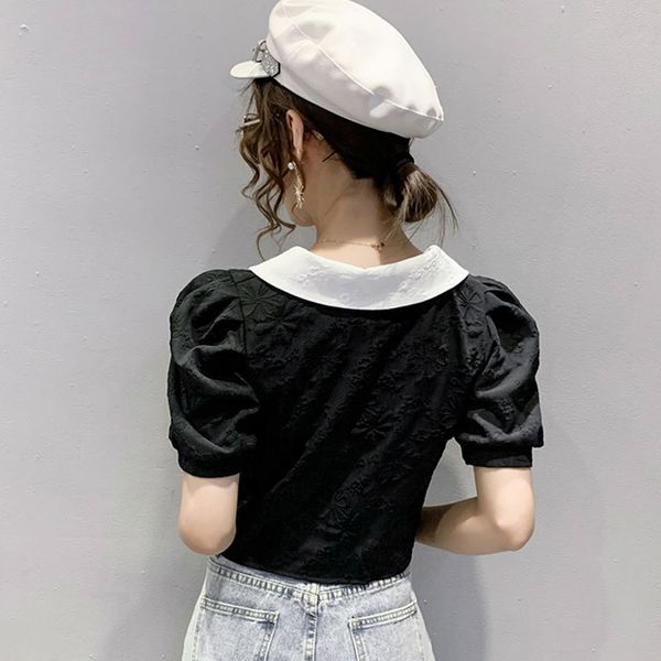 

2021 new patchwork black white womens shirts summer sleeve peter pan collar ladies short shirt blouses t07015b pfzu