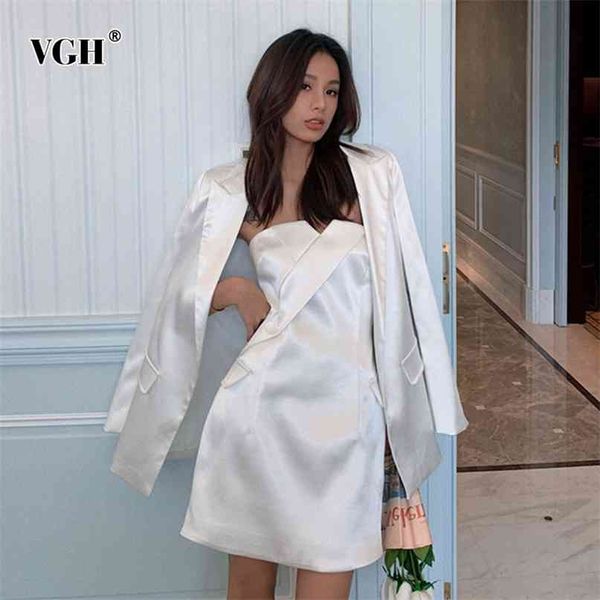 Branco cor sólida elegante dois pedaço conjunto para mulheres casaco blazer fora ombro sexy tubo top vestido feminino ternos primavera 210531