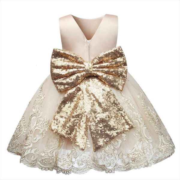 

golden sequined bow infant christening girl dress gowns tutu 1 year baby birthday dresses baptism gown, Red;yellow