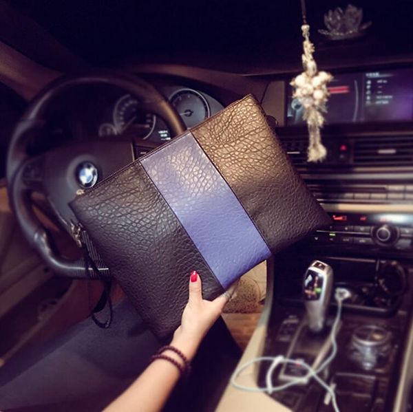 

factory wholesale men bag street fashion stitching blue leathers envelope handbag simple leather wrist handbags large capacity leatheres fil