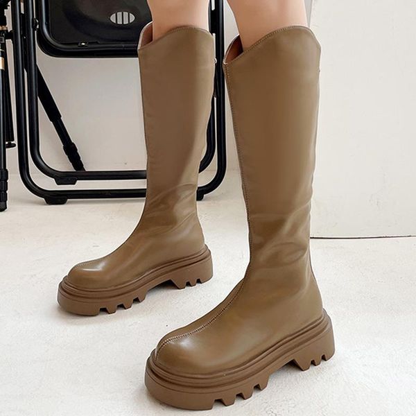 

boots 2021 fashion autumn pu leather women's casual mid calf platform back zipper round head square heel, Black