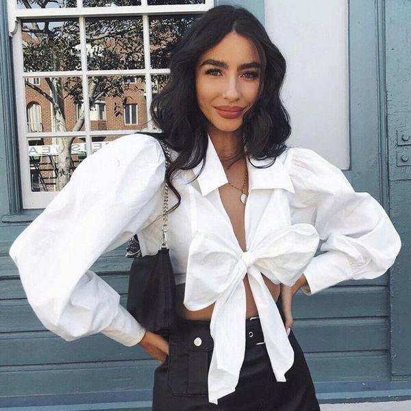 

women's blouses & shirts women mesh sheer blouse see-through long puff sleeve shirt fashion bow lace up red white female blusas