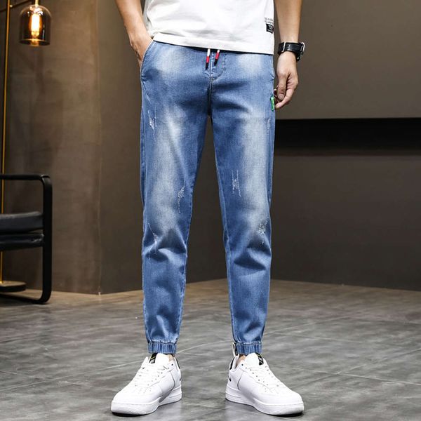 

cropped jeans men's trend loose legged harem spring new fashion brand elastic waist casual pantswinter, Blue