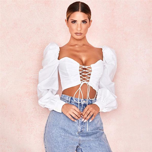 

women's blouses & shirts women ladies puff sleeve strapless crop white solid hollow out lace-up midriff-baringÂ