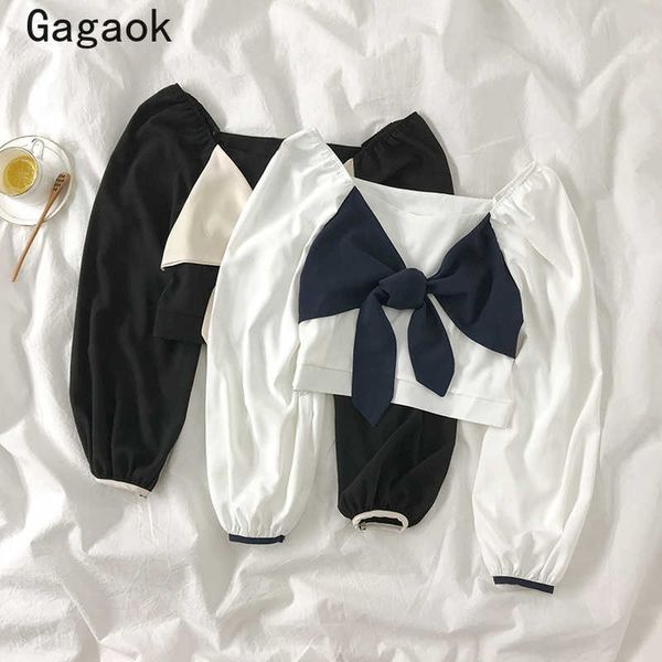 

vintage chiffon blouse women spring autumn patchwork bow square collar shirts slim chic korean fashion blouses 210531, White