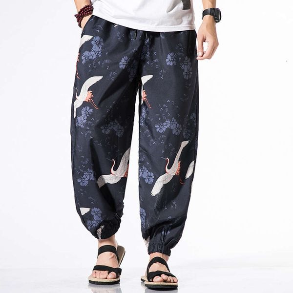 

2019 men's new casual lantern leggings, crane printed pants, chinese style oversized sports pants, Black