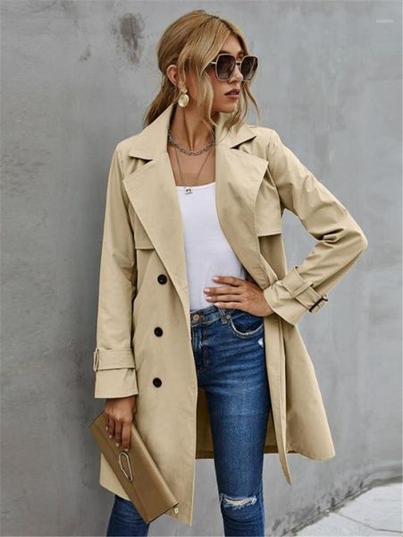

women's trench coats fashion women casual solid color coat elagant long sleeve lapel neck double breasted belted for female, Tan;black