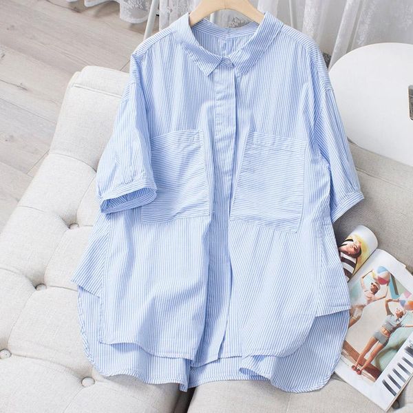 

women's blouses & shirts cotton 100% striped women summer 2021 turn-down collar pocket loose casual all match female outwear coats, White