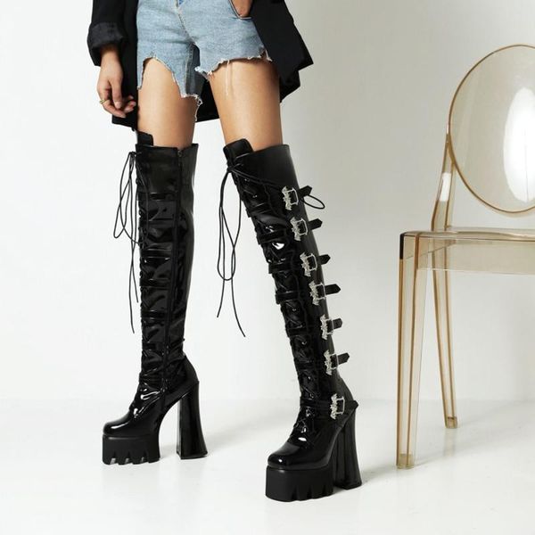 

boots 2021 women shoes high chunky heel over the knee patent leather buckle modern boot long black big size 42