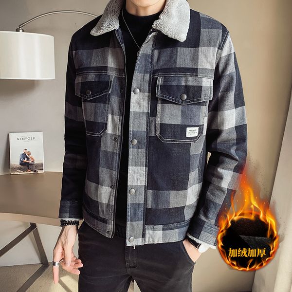 

2021 men plaid jean jackets fleece warm denim coats new mens thicken winter jacket fashion casual slim cowboy outerwear r0me, Black;brown