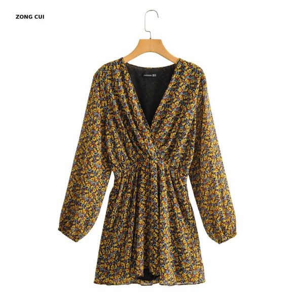 

french chiffon print dress v-neck long sleeve slim knee length mini dress retro style party mini yellow, Black;gray