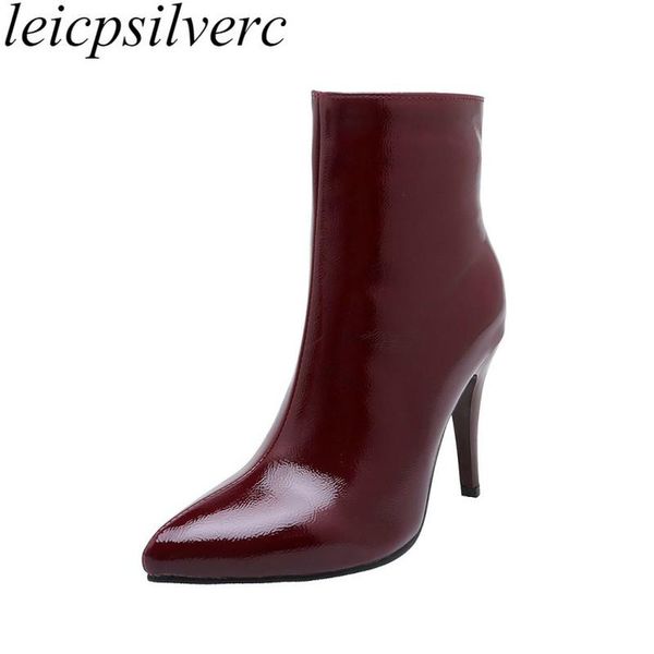 

boots women spring autumn super high heel pointed toe ankle zip patent leather 2021 fashion big size34-48 black