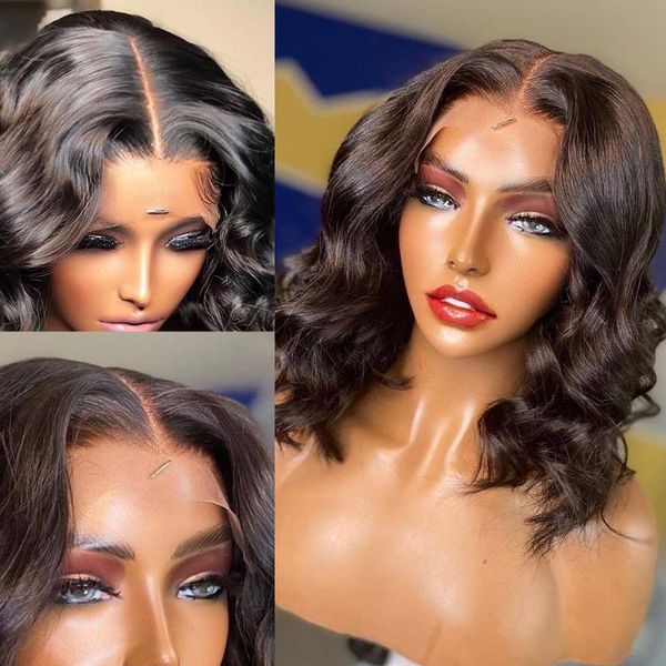 

synthetic wigs shoulder length bob natural black color body wave lace front wig soft closure with babyhair daily/party wear
