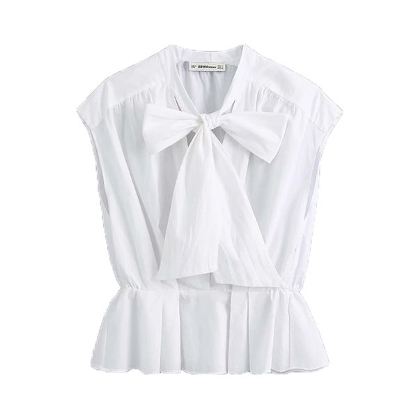 

women elegant fashion office wear ruffled blouses vintage white bow tied collar sleeveless shirts girls chic 210531